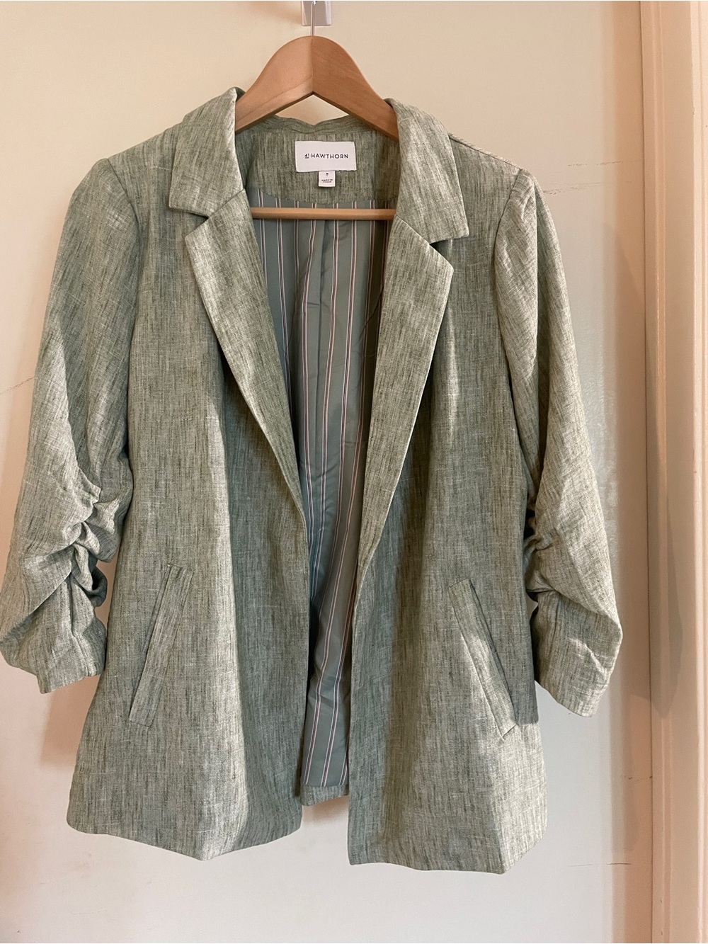 41 Hawthorn Sage Green Ruched-Sleeve Open Blazer
